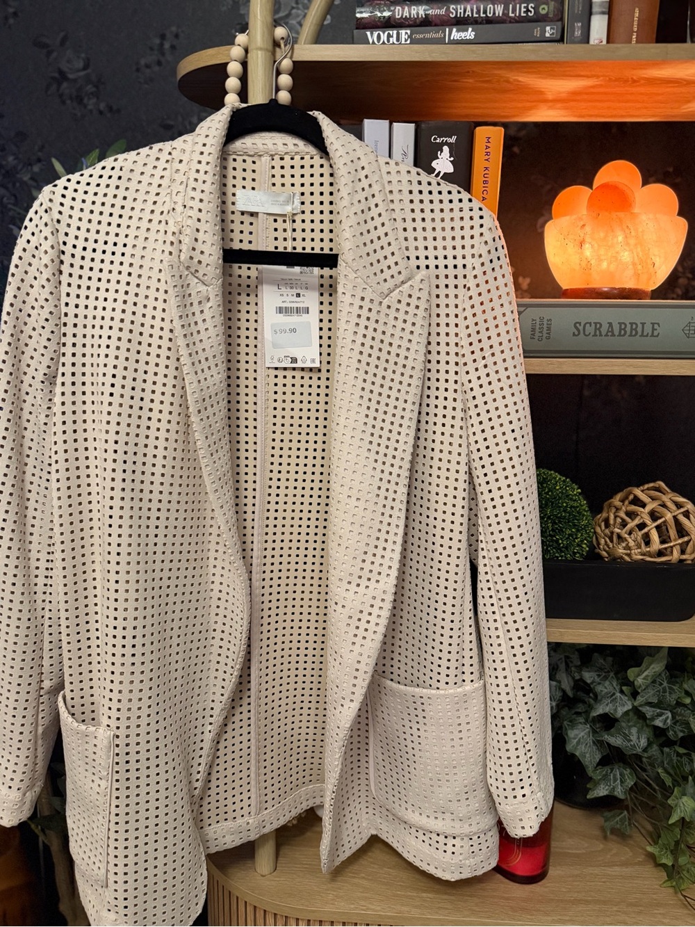 Zara Cream Perforated Open-Front Blazer Jacket